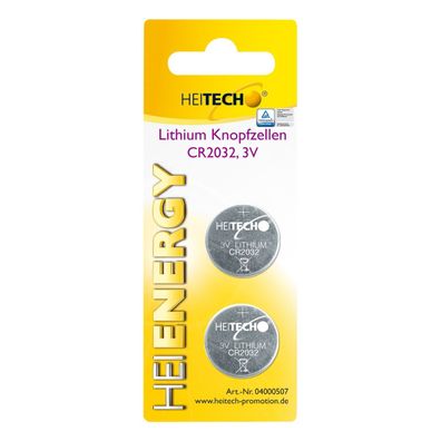 Heitech Lithium Knopfzellen, 2-er Pack, CR2032, 210 mAh, 3 V