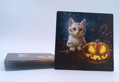 Untersetzer Halloween Katze mit Kürbis, 6 Stck. Acrylglas