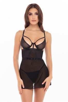 Rene Rofe Lingerie - 2PC Bondage Strapping Chemise SET BLACK - (M/L, , M