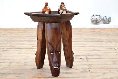 Beistelltisch Aborigines Rund Vintage Teak Holz Alt Antik Schale Baumscheibe Maske