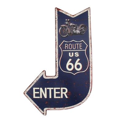 Blechschild, Reklameschild, Wandschild Pfeil, Route 66 Enter, Motorrad 40x25 cm