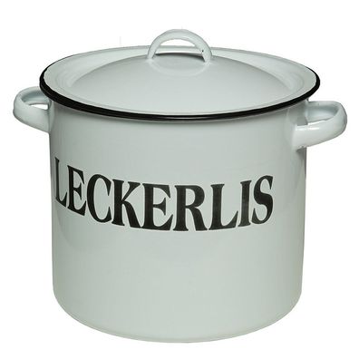 Emaille Topf, Deko Kochtopf, Bowlegefäß "Leckerlis" mit Deckel, weiß- schwarz