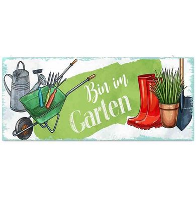 Blechschild, Schild, Bin im Garten, Wandschild mit Gartengeräten 13x31 cm