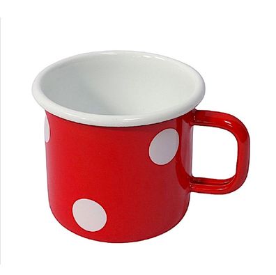 Emaille Tasse, Henkelbecher, Kaffeetasse, Outdoor Becher Tupfen Rot Weiß 8 cm