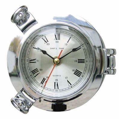 Wanduhr im Bullauge, Schiffsuhr im Retro Stil, Messing vernickelt Ø 14 cm