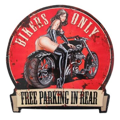 Blechschild, Reklameschild Bikers Only Parking Pin Up Girl Wandschild 30x28 cm