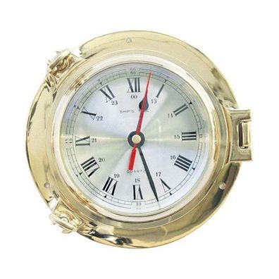 Wanduhr im Bullauge, Schiffsuhr im Retro Stil, Messing poliert Ø 14 cm