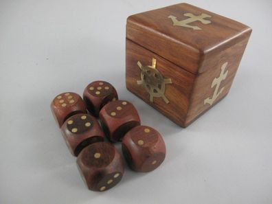 Würfel Set, Würfelspiel in maritimer Holzbox aus Mahagonie und Messing