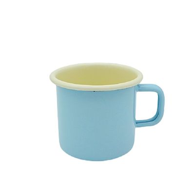 Emaille Tasse, Henkelbecher, Kaffeetasse, Kinder Becher Hellblau Creme 6 cm