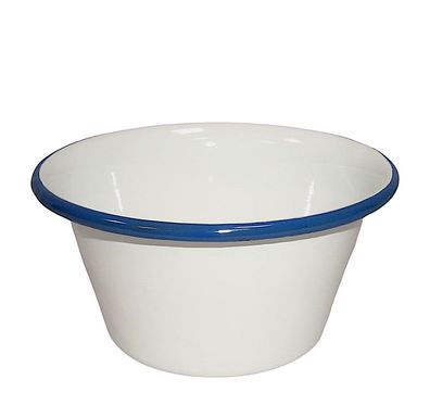 Emaille Schüssel, Salatschale, Beilagen Schale, Dekor weiß mit blauem Rand 14 cm