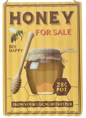 Blechschild gewellt, Wandschild Honig, Honey for sale Reklameschild 40x30 cm