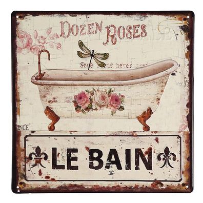 Blechschild, Reklameschild, Wandschild, Schild mit Badewanne und Rosen 30x30 cm