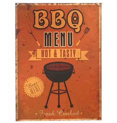 Blechschild, Wandschild BBQ Menü Hot und Tasty, Landhaus Schild 40x30 cm