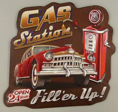Blechschild, Reklameschild, Gas Station Auto an Tanksäule, Auto Wandschild 38x38