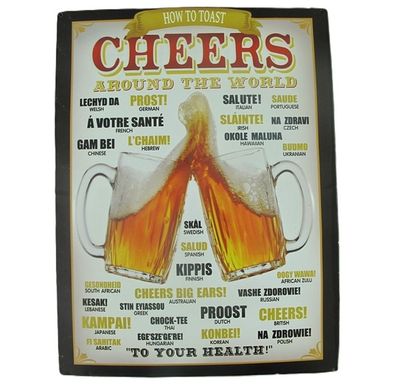 Blechschild, Reklameschild Cheers Around The World, Kneipen Wandschild 40x30 cm