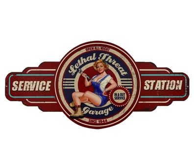 Blechschild Reklameschild Lethal Threat mit Pin Up Girl Auto Wandschild 28x60 cm