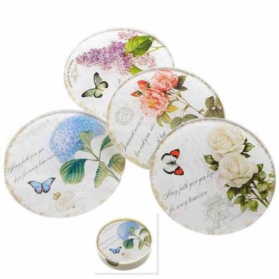 Untersetzer mit Blumen und Schmetterlingen, 4 Stück Bierdeckel aus Glas