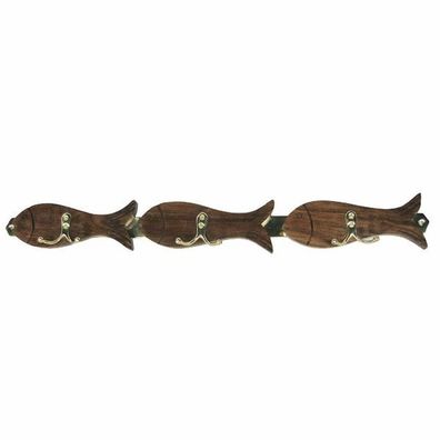 Maritime Wand Hakenleiste drei Fische je mit Doppel Haken, Messing Edel Holz