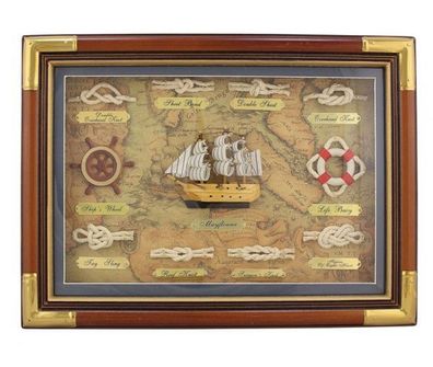 Knotentafel hinter Glas, Knotenbild im Rahmen, Segelschiff, Steuerrad und Knoten