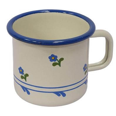 Emaille Tasse, Henkelbecher, Kaffeetasse, Outdoor Becher Creme Blümchen 8 cm