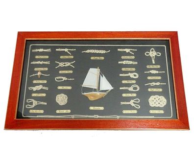 Knotentafel hinter Glas Knotenbild im Rahmen Segelyacht und Knoten Text Englisch