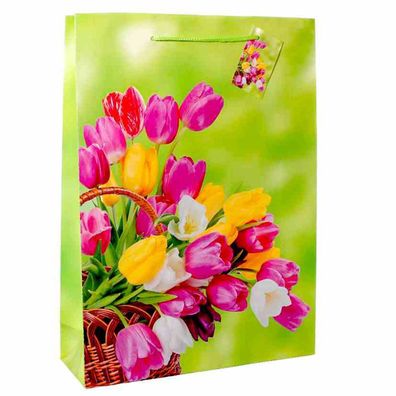 Geschenktüten, Papiertüten, Tragetaschen, 10 Stück Frühling, Tulpen im Korb