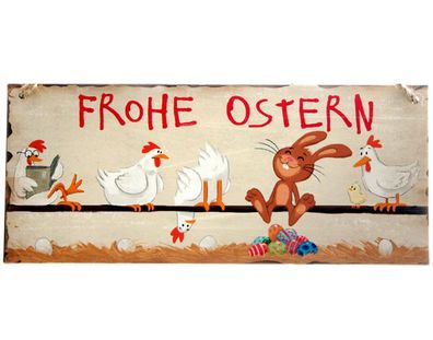 Blechschild, Wandschild Frohe Ostern, lustiger Hase und Hühner, 13x31 cm