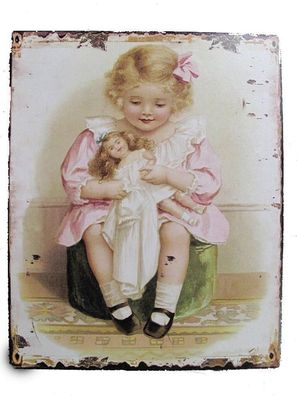 Blechschild, Reklameschild Mädchen mit Puppe, Kinderzimmer Wandschild 25x20 cm