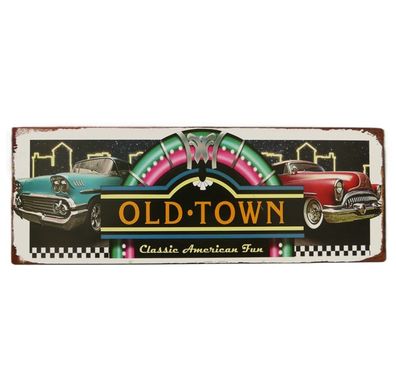Blechschild, Reklameschild Old Town und Oldtimer, Auto Wandschild 13x36 cm