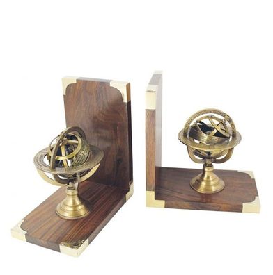 Buchstützen Paar mit Armillarsphäre, maritime Buchhalter aus Messing und Holz