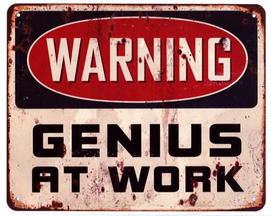 Blechschild Warning Genius at Work Deko Schild mit Aufschrift Aufdruck 20 x 25