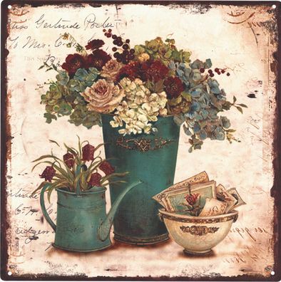 Retro Deko Blechschild Rosen Blumentopf Gießekanne Vintage-Design Metall Schild