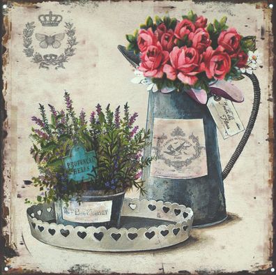 Retro Deko Blechschild Rosen und Levendel Vintage-Design Metall Schild Geschenk