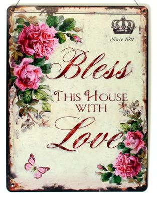 Blechschild Bless this House with Love Haus gesegnet mit Liebe 25 x 33 Deko