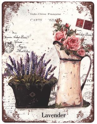 Blechschild Rosen und Lavendel Lavender Deko Schild Aufschrift Aufdruck 25 x 33