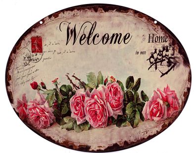 Blechschild Welcome Home Rosen Deko Schild mit Aufschrift Aufdruck Druck 20x25