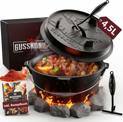 Gusskönig Dutch Oven Set 4.5 Liter Feuertopf Gusseisen mit Füßen inkl. 2in1 Deckel