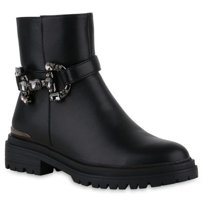 VAN HILL Damen Biker Boots Stiefeletten Strass Profil-Sohle Schuhe 841436