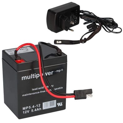 Multipower Blei Akku 12V 5,4Ah mit Stecker + Ladegerät für Raasenmäher Akkus