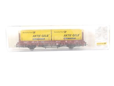 Electrotren H0 1528 Güterwagen Rungenwagen mit Container "Aktie Gelb" DB / NEM