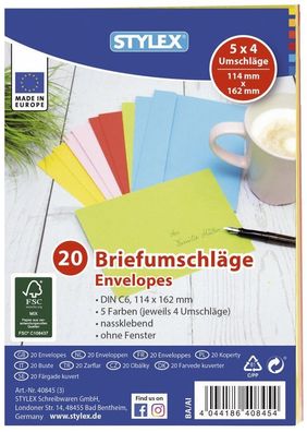 STYLEX® 40845 Briefumschläge - C6, ohne Fenster, nassklebend, 20 Stück sortirt