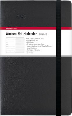 Kalender 2025 -Wochen Notizkalender 18 Monate groß Black 2025- 13 x 21cm