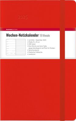 Kalender 2025 -Wochen Notizkalender 18 Monate groß Red 2025- 13 x 21cm