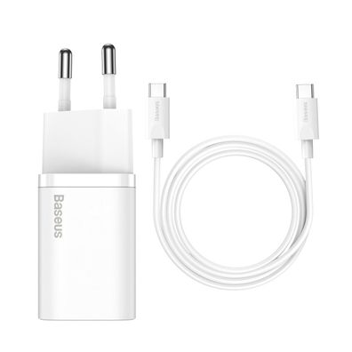 Baseus Si USB-C 25W 3A Schnellladegerät mit USB-C / USB-C 1m Kabel - Weiß