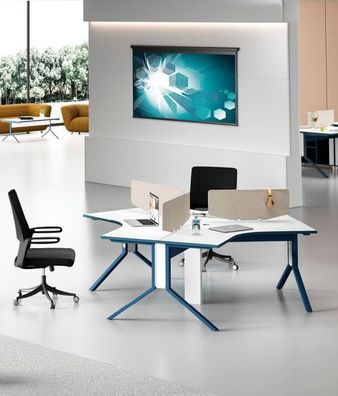 Moderner Blau-Weißer 3-Personen Bürotisch Designer Arbeitszimmer Möbel