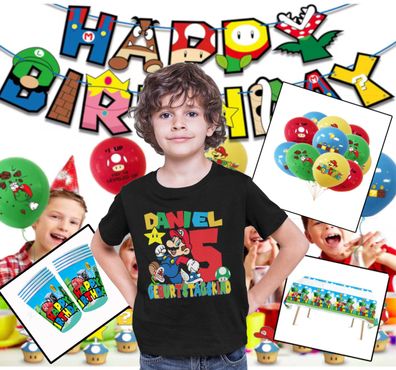 Bio Baumwolle T-Shirt Super Mario Personalisiert + Geburtstag Party Dekoration