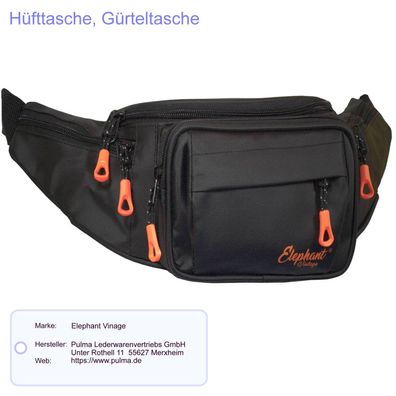 Hüfttasche Gürteltasche Bauchtasche Elephant Vintage PULMA 33x11x12 cm Schwarz Nylon