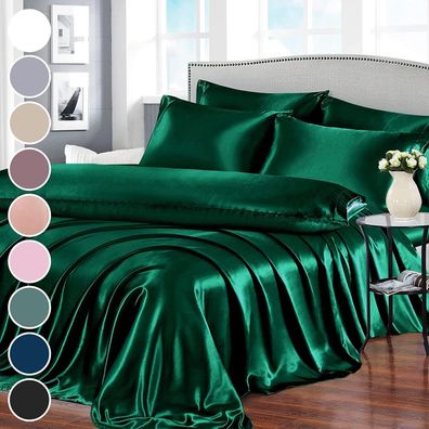 7-teiliges Satin-Bettlaken-Set für -Kingsize-Betten, Satin-Bettlaken-Set, schwarzgrün