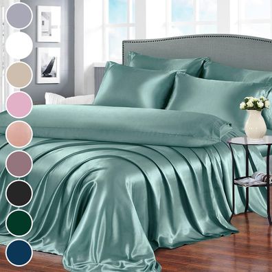 7-teiliges Satin-Bettlaken-Set für Queensize-Betten, graugrüne Bettlaken, luxuriöses