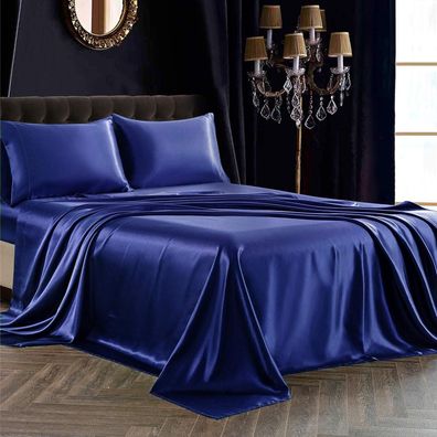 4-teiliges Satin-Bettlaken-Set für Kingsize-Betten, ultraseidig weiche, marineblaue S